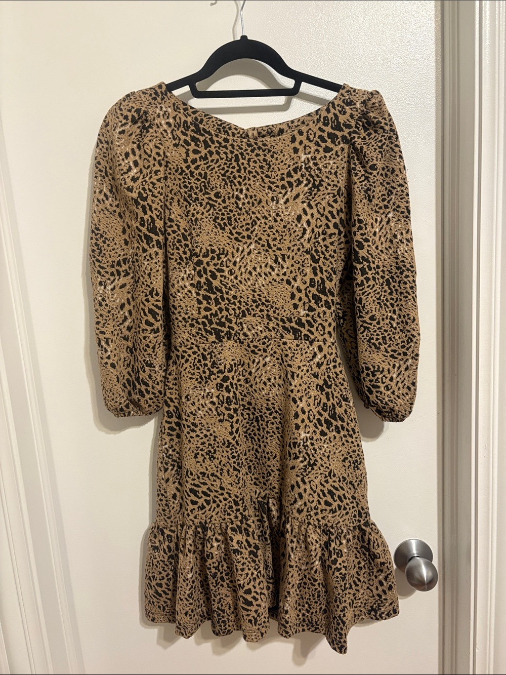 Maeve Leopard-Print Puff Sleeve Midi Dress in Brown and Black